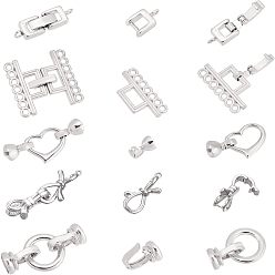 Platinum 10Sets 5 Style Brass Fold Over Clasps, Mixed Shapes, Platinum, 18~41mm, Hole: 1mm, 2sets/style