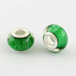 Green Large Hole Resin European Beads, with Silver Color Plated Brass Double Cores, Rondelle, Green, 14x9mm, Hole: 5mm