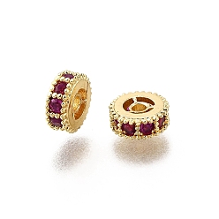 Фуксиновый Латунные микро проложить кубического циркония бусы, плоско-круглые, стойки покрытие, без кадмия и без свинца, долговечный, красно-фиолетовые, 6x2.5 мм, отверстие : 1.2 мм