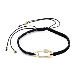 Black Adjustable Nylon Thread Braided Bead Bracelets, with Brass Micro Pave Clear Cubic Zirconia Links and Brass Beads, Safety Pin Shape, Real 18K Gold Plated, Black, Inner Diameter: 2-1/8~3-5/8 inch(5.5~9.2cm)