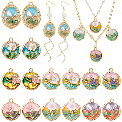 Mixed Color 16Pcs 8 Styles Alloy Enamel Pendants, Round with Flower Charms, Golden, Mixed Color, 24~31x19~21x5~7mm, Hole: 1.8~2.5mm, 2pcs/style