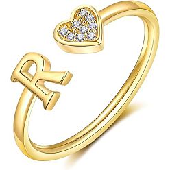 Letter R Регулируемые латунные кольца из манжеты из горного хрусталя, письмо и сердце, золотые, Буква R, внутренний диаметр: 15~20 мм