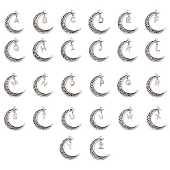 Letter A~Z 26Pcs Alloy Letter Pendants, Moon, Letter A~Z, 41x34x1.5mm, Hole: 2mm, 26 styles /set
