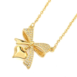 Настоящее золото 18K Ожерелья с подвесками из латуни с прозрачным кубическим цирконием и микропаве, бантом, реальный 18 k позолоченный, 17.56 дюйм (446 мм), бант : 22x21 мм