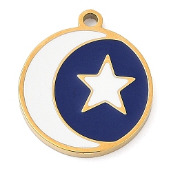 Морской Синий 304 подвески из нержавеющей стали, с эмалью, плоский круглый с подвеской в виде луны и звезды, золотые, Marine Blue, 17x15x1.7 мм, отверстие : 1.4 мм
