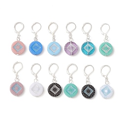 Mixed Color Opaque Acrylic Charms Locking Stitch Makers, with Brass Leverback Earring Findings, Flat Round with Rhombus, Mixed Color, 38.5mm, 12pcs/set
