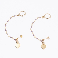 Amethyst 304 Stainless Steel Stud Earrings, with Clip-on Earrings and Natural Amethyst Beaded Chains, Heart, Real 18K Gold Plated, 15mm, Pin: 0.7mm