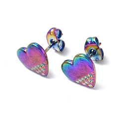 Rainbow Color Ion Plating(IP) 304 Stainless Steel Heart Stud Earrings for Women, Rainbow Color, 9.5x10.5mm, Pin: 0.7mm