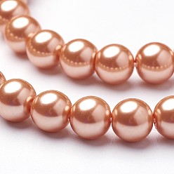 Dark Orange Eco-Friendly Dyed  Glass Pearl Round Beads Strands, Grade A, Cotton Cord Threaded, Dark Orange, 8mm, Hole: 0.7~1.1mm, about 52pcs/strand, 15 inch