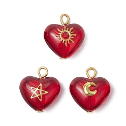 Темно-Красный 3шт 3 стили латунные стеклянные подвески в форме сердца, с золотой железной петлей, темно-красный, 16~17x15x8.5 мм, отверстие : 2 мм, 1 шт / стиль