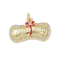 Roja Colgantes de circonita cúbica transparente con micropavé de latón y esmalte, dijes de diploma, dorado, rojo, 13x21x3 mm, agujero: 3 mm