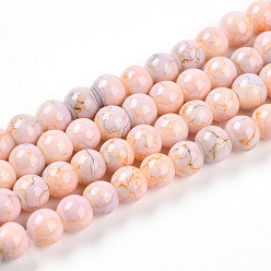 Персиковый Слойка Выпечки нарисованных стеклянных бусин прядей, имитировать фарфоровые бусины, круглые, розовые, 4~4.5 мм, отверстие : 0.8 мм, около 201~212 шт / нитка, 31.50~33.07 дюйм (80~84 см)