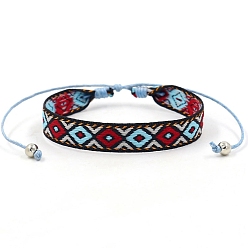 Dark Red Ethnic Style Polyester Flat with Rhombus Cord Bracelet, Adjustable Bracelet for Women, Dark Red, 6-1/4~9-1/2 inch(16~24cm)
