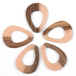 Light Salmon Opaque Resin & Walnut Wood Pendants, Teardrop, Light Salmon, 37.5x28x2.5mm, Hole: 2mm