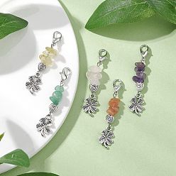 Смешанные камни Подвесные украшения из сплава клевера, подвески из натурального розового кварца, зеленого авантюрина, аметиста, красного агата, цитрина и застежек-клешней лобстера для украшений сумок, 48~49 мм, 5 шт / комплект