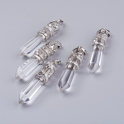 Platinum Glass Big Pointed Pendants, with Alloy Findings, Faceted, Bullet, Platinum, 59~60x11~12mm, Hole: 4x7mm