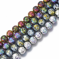Mixed Color Electroplated Natural Lava Rock Beads Strands, Round, Bumpy, Mixed Color, 10.5mm, Hole: 1mm, about 39pcs/Strand, 15.55 inch(39.5cm)
