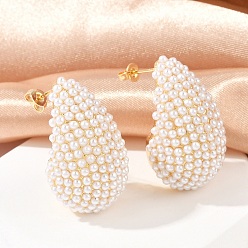 Настоящее золото 18K Серьги-гвоздики из латуни в форме каплевидной формы, с жемчужными бусинами из абс-пластика, без свинца и без кадмия, долговечный, реальный 18 k позолоченный, 32.5x19.5 мм