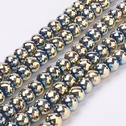 Golden Plated Electroplate Glass Bead Strands, Full Plated, Faceted Rondelle, Golden Plated, 8x6mm, Hole: 1mm, about 39pcs/strand, 7.8 inch(20cm)