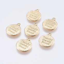 Real 18K Gold Plated Brass Quote Charms, Flat Round with Word Thankful Grateful Blessed, Real 18K Gold Plated, 13x12x0.8mm, Hole: 1.2mm