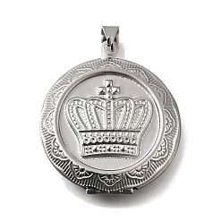 Нержавеющая Сталь Цвет 316 подвески из нержавеющей стали Locket, с 201 защелкивающимися дужками из нержавеющей стали, подвесками-рамками для фотографий из нержавеющей стали, плоские круглые с короной, цвет нержавеющей стали, 35.5x31x9 мм, отверстие : 9x4 мм, внутренний диаметр: 23 мм
