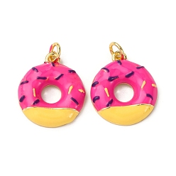 Ярко-Розовый Латунь эмаль подвески, с целью перехода в кольце, пончик очарование, золотые, ярко-розовый, 19.5x16.5x3.5 мм, отверстие : 3.5 мм