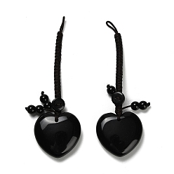 Обсидиан Подвеска в форме сердца из натурального обсидиана., с пластиковой кнопкой, Кулон в виде плетеной веревки для сумки на удачу., 86~93 мм