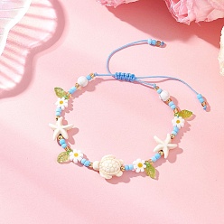 (404) Непрозрачное AB Кислое яблоко Браслеты из синтетической бирюзы и стеклянного бисера на морскую тематику, Регулируемый браслет с подвесками в виде черепахи и морской звезды для женщин., цветочный белый, внутренний диаметр: 2.11~3.48 дюйм (5.35~8.85 см)