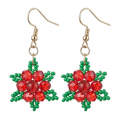 Красный Агат Натуральный камень смешанные болтаться серьги, со стеклянными бусинами и 304 швензами из нержавеющей стали, цветок, 49.5x23 мм