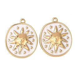 Белый 304 подвески из нержавеющей стали, с эмалью, овальные и солнечные подвески, реальный 18 k позолоченный, ионное покрытие (ip), белые, 28x22x4 мм, отверстие : 1.8 мм