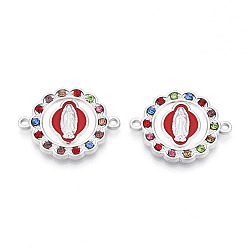 Разноцветный Сплав горный хрусталь эмаль соединительные подвески, плоский круглый с звеньями Девы Марии, без кадмия и без свинца, платина, красочный, 23x18x2 мм, отверстие : 1.4 мм