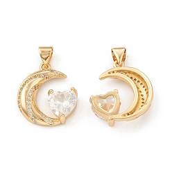 Настоящее золото 18K Кулоны из экологически чистой латуни с микропаве и кубическим цирконием, без свинца и без кадмия, долговечный, полумесяц с подвеской в виде сердца, реальный 18 k позолоченный, 19x17.5x5 мм, отверстие : 3x5 мм