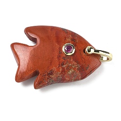 Красный Камень Резные подвески из натуральной красной яшмы, Подвески в виде рыбок с фианитами и латунной фурнитурой, золотые, стойки покрытие, 32~33.5x23.5~24.5x8~8.5 мм, отверстие : 5x6 мм