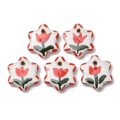 Roja Colgantes hechos a mano de la porcelana, pintado a mano, estrella con dijes de flores, rojo, 22~22.5x20x6 mm, agujero: 2 mm
