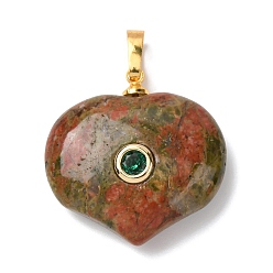 Унакит Природные подвески Unakite, подвески в форме сердца с латунной микрофиброй и фианитами, золотые, 25.5x25x9 мм, отверстие : 6.5x4 мм