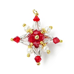 Красный Подвески из стеклянного бисера тетраптера, с соединительным кольцом и стеклянными жемчужными круглыми бусинами, красные, 31x31x13 мм, отверстие : 2.5 мм