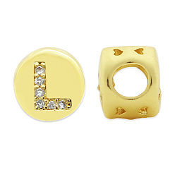 Letter L Brass Micro Pave Clear Cubic Zirconia Beads, Flat Round with Letter, Letter.L, 7.5x6.5mm, Hole: 3.5mm, 3pcs/bag