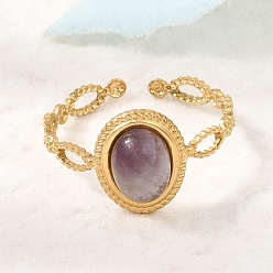 Amethyst 304 Stainless Steel Cuff Open Rings for Women, Oval, with Natural Amethyst, Ion Plating(IP), Golden, 11.5mm, Inner Diameter: 17mm
