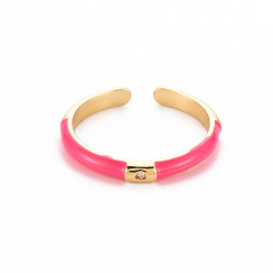 Deep Pink Brass Enamel Cuff Rings, Open Rings, with Clear Cubic Zirconia, Nickel Free, Golden, Deep Pink, US Size 8(18.1mm)