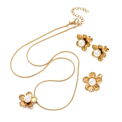 Золотой Цветок 304 ожерелья с подвесками из нержавеющей стали, кольца-манжеты и серьги-гвоздики, с пластиковой имитационной жемчужиной, золотые, 18.23 дюйм (463 мм)