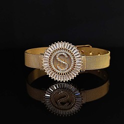 Letter S Латунные браслеты с микропаве из прозрачных кубических цирконий для женщин, плоские круглые с буквы, реальный 18 k позолоченный, Письмо с, 8-1/4 дюйм (21 см)