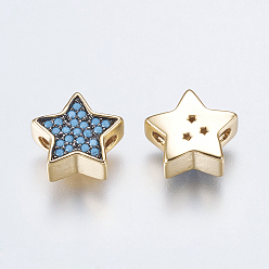 Turquoise Brass Micro Pave Cubic Zirconia Beads, Long-Lasting Plated, Lead Free & Cadmium Free, Star, Golden, Turquoise, 10.5x4mm, Hole: 1.5mm
