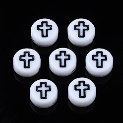 Белый Непрозрачные акриловые бусины, плоские круглые с крестом, белые, 7x4 мм, отверстие : 1.8 мм, Около 3670 шт / 500 г