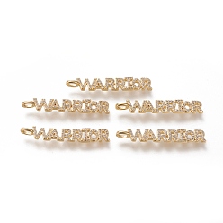 Настоящее золото 18K Латунные микропаве прозрачные подвески с фианитом, долговечный, слово воин, реальный 18 k позолоченный, 39.5x6.7x2 мм, отверстие : 4.7x2.6 мм