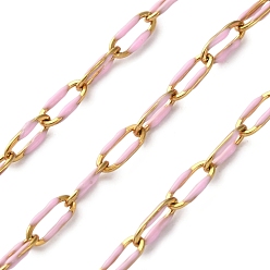 Бледно-Розовый 304 Эмалированные кабельные цепи из нержавеющей стали, пайки, с катушкой, ионное покрытие (ip), реальный 18 k позолоченный, розовый жемчуг, 6.5x3x0.5 мм, около 32.81 футов (10 м) / рулон
