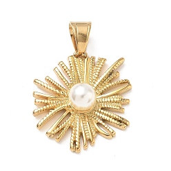 Oro 304 colgantes de acero inoxidable, con abs perla de plastico, encantos de la flor, revestimiento de iones (ip), larga duración plateado, dorado, 35.5x31x10 mm, agujero: 7x9.5 mm