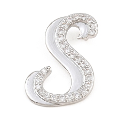 Letter S Pendentifs en laiton zircon cubique transparent, charmes de lettre, plaqué longue durée, crémaillère plaquage, sans plomb et sans cadmium, platine, lettre s, 23.5x19x6.5mm, Trou: 3mm