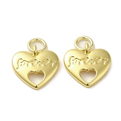 Real 18K Gold Plated Rack Plating Brass Micro Pave Clear Cubic Zirconia Pendants, with Jump Ring, Long-Lasting Plated, Lead Free & Cadmium Free,Heart Charms With Word Forever, Real 18K Gold Plated, 12x11.5x2mm, Hole: 3mm