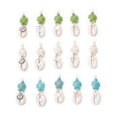(52) Непрозрачная лаванда 15 шт. 15 стили подвески из натуральной раковины каури и окрашенной синтетической бирюзы в виде черепахи, обмотанные медной проволокой, с подвесками из сплава солнца, луны и звезд, старинное серебро и платина, разноцветные, 47x14.5x7.5 мм, отверстие : 3 мм, 1 шт / стиль