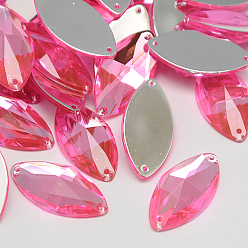 Ярко-Розовый Шить на горный хрусталь, Тайвань акриловые горный хрусталь, два отверстия, аксессуары для одежды, граненые, лошадиный глаз , ярко-розовый, 15x7x3.5 мм, отверстие: 1 мм